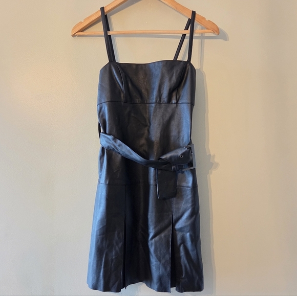 Free People Pleated Vegan Leather Boho Mini Buckle Moto Biker Black Dress Size 0 - Picture 5 of 13